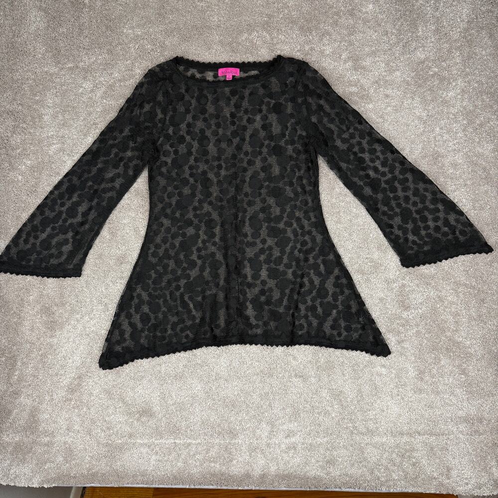 Max & Rina Black Sheer Mesh Lace Trim Bell Sleeve Tunic Blouse Size S y2k Boho